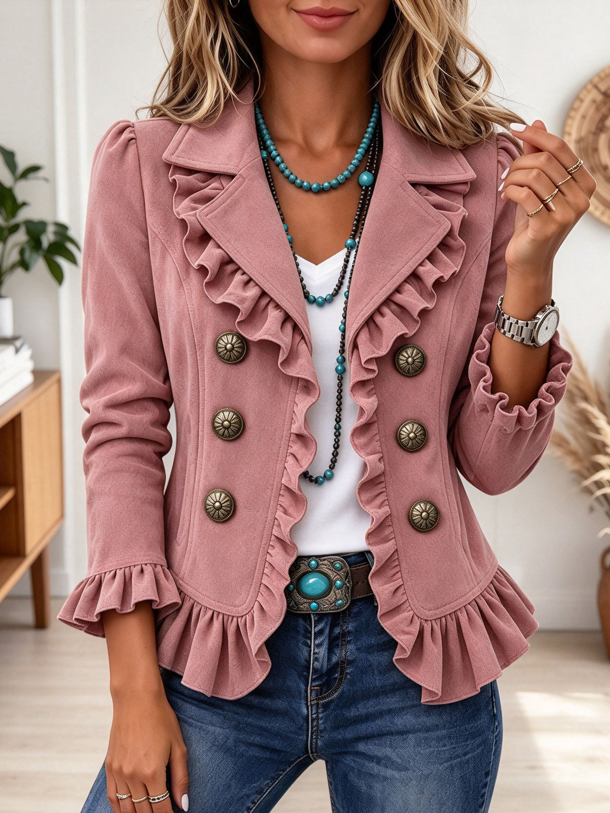 Brown Ruffled Double Breasted Western Style Short Jacket