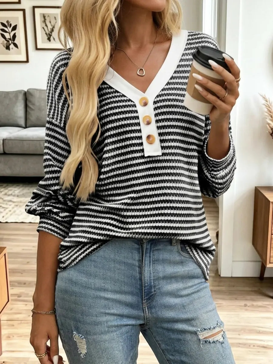 Retro Stripe Art V Collar Casual Stylish Long Sleeve Cotton Shirt