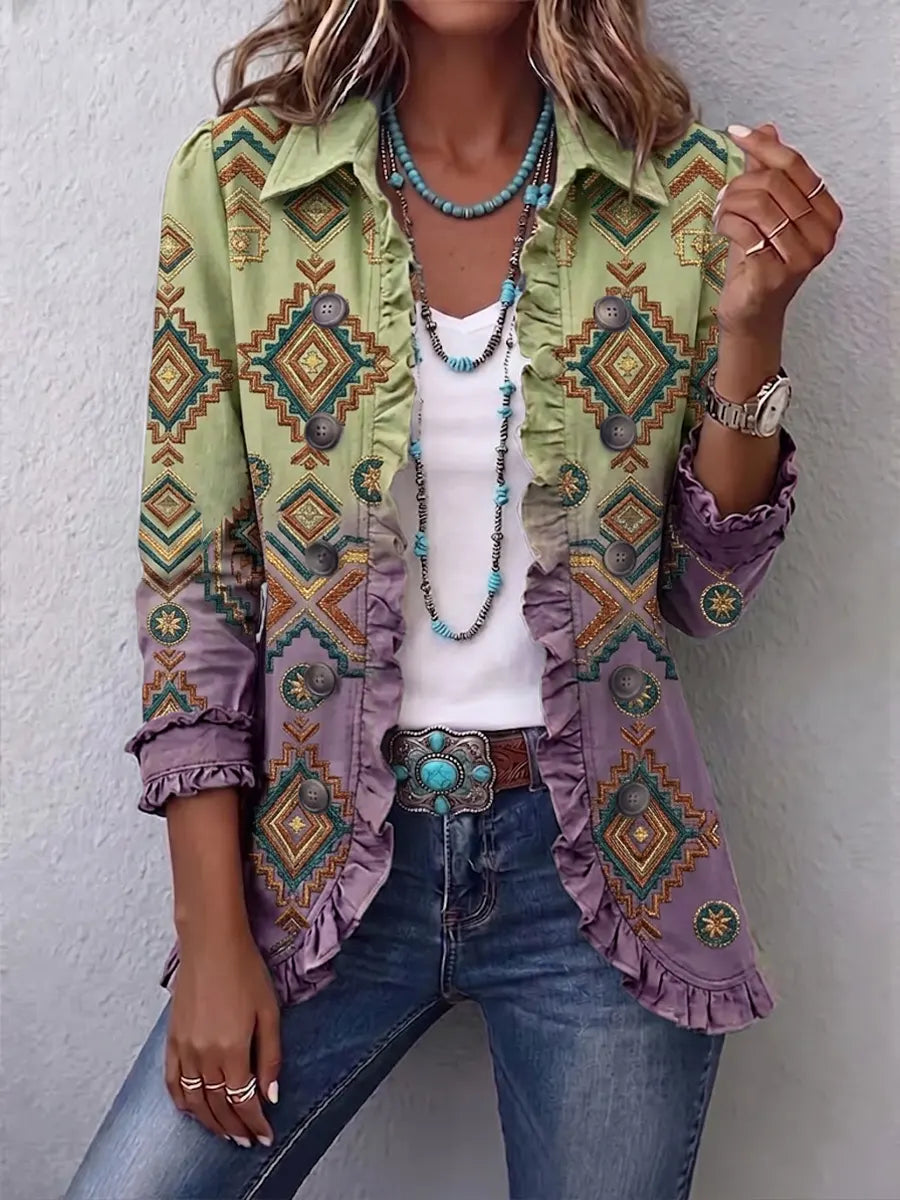 Retro Ethnic Pattern Art Print Ruffle Casual Stylish Cotton Lapel Coat