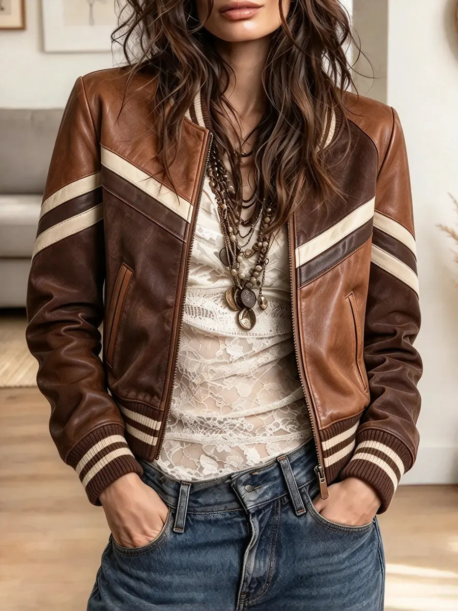 Retro Color Block Leather Art Casual Stylish Long Sleeve Coat