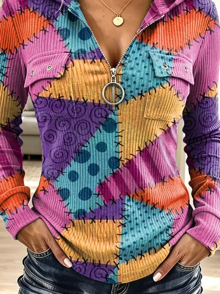 Vintage Patchwork Zip Art Casual Stylish Hooded Long Sleeve Top