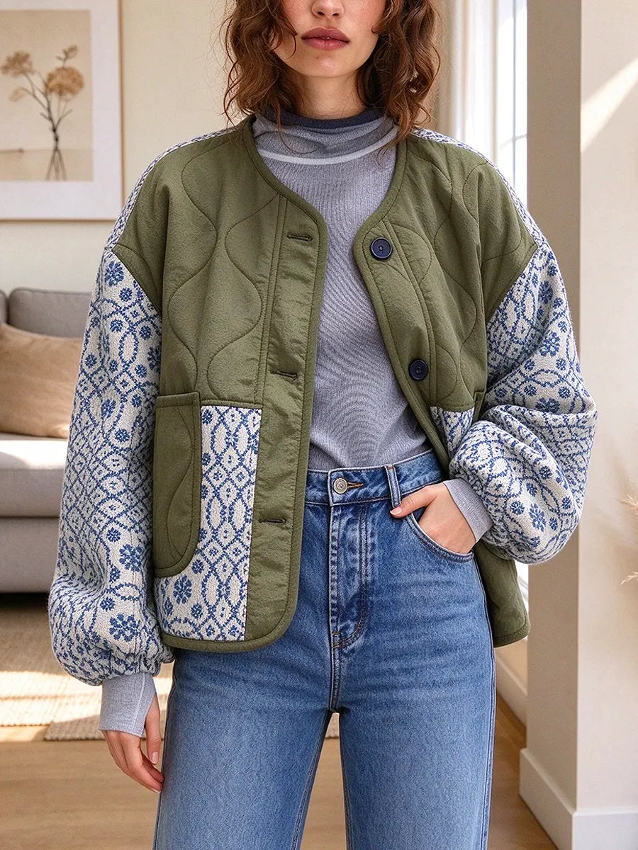 Retro Patchwork Art Casual Loose Stylish Long Sleeve Lightweight Padded Jacket
