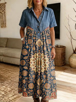 Retro Floral Pattern Art Print Casual Stylish Lapel Denim Patchwork Dress