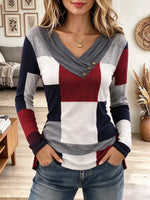 Women's Color Block Plaid Long Sleeve Top