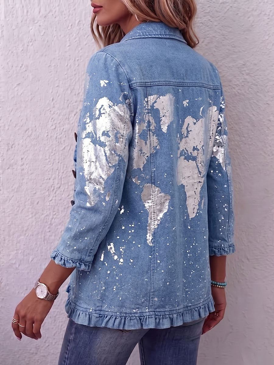 Vintage Elegant Shiny Denim Patchwork Ruffled Buttons Jacket