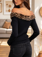 Retro Leopard Off-shoulder Knit Art Casual Stylish Long Sleeve Sweater