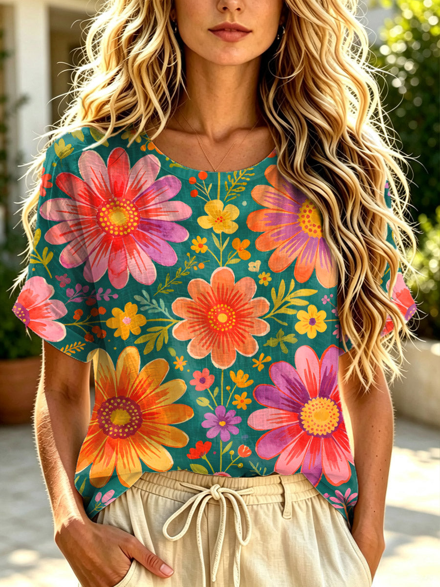 Women's Floral Pattern Art Print Casual Short Sleeve Cotton Linen T-shirt
