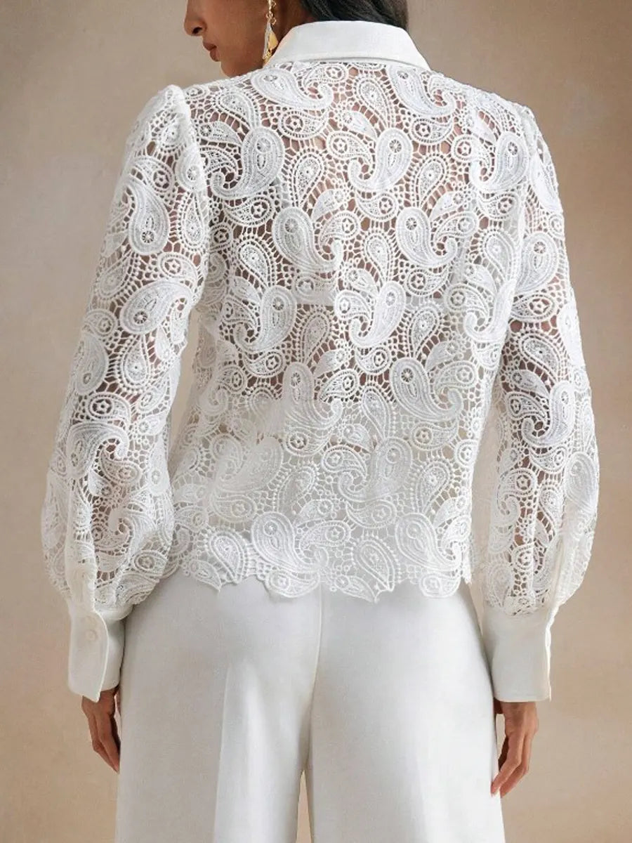 Retro Elegant Floral Lace Hollow Lapel Art Casual Stylish Long Sleeve Shirt