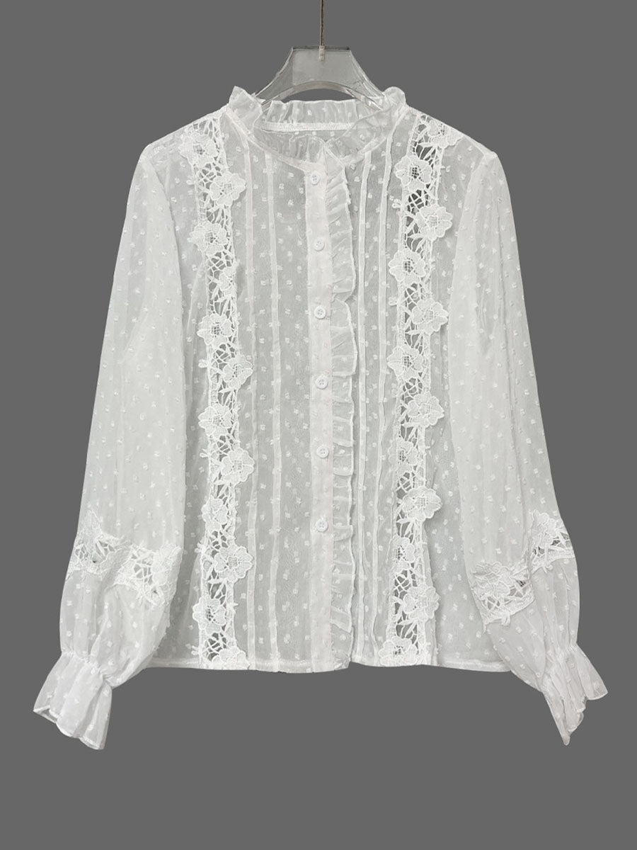 Elegant Floral Hollow Ruffle Long Sleeve Art Casual Lace Button Shirt