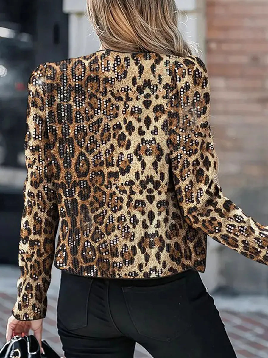 Retro Chic Leopard Sequin Casual Stylish Long Sleeve Coat