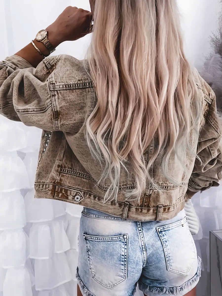 Retro Fashion Rivet‑adorned Art Lapel Casual Stylish Long Sleeve Denim Coat