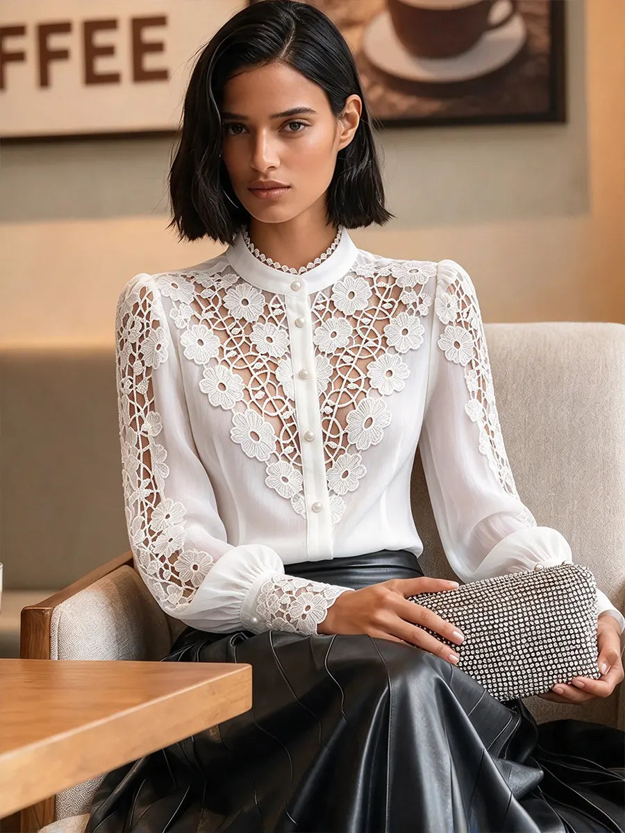 Women's Floral Applique Lace Long Sleeve Button Down Fitted Blouse