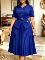 Women Burgundy Gold‑button Belted Pleated Midi Two‑piece Dress Set