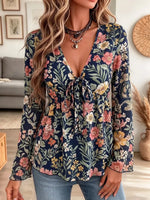 Retro Floral Pattern Art Print Casual Stylish Long Sleeve Mesh V Collar Shirt