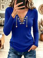 Women's V Neck Gold Chain Lace Up Ribbed Knit Top, Heart Charm Slim Fit Blouse