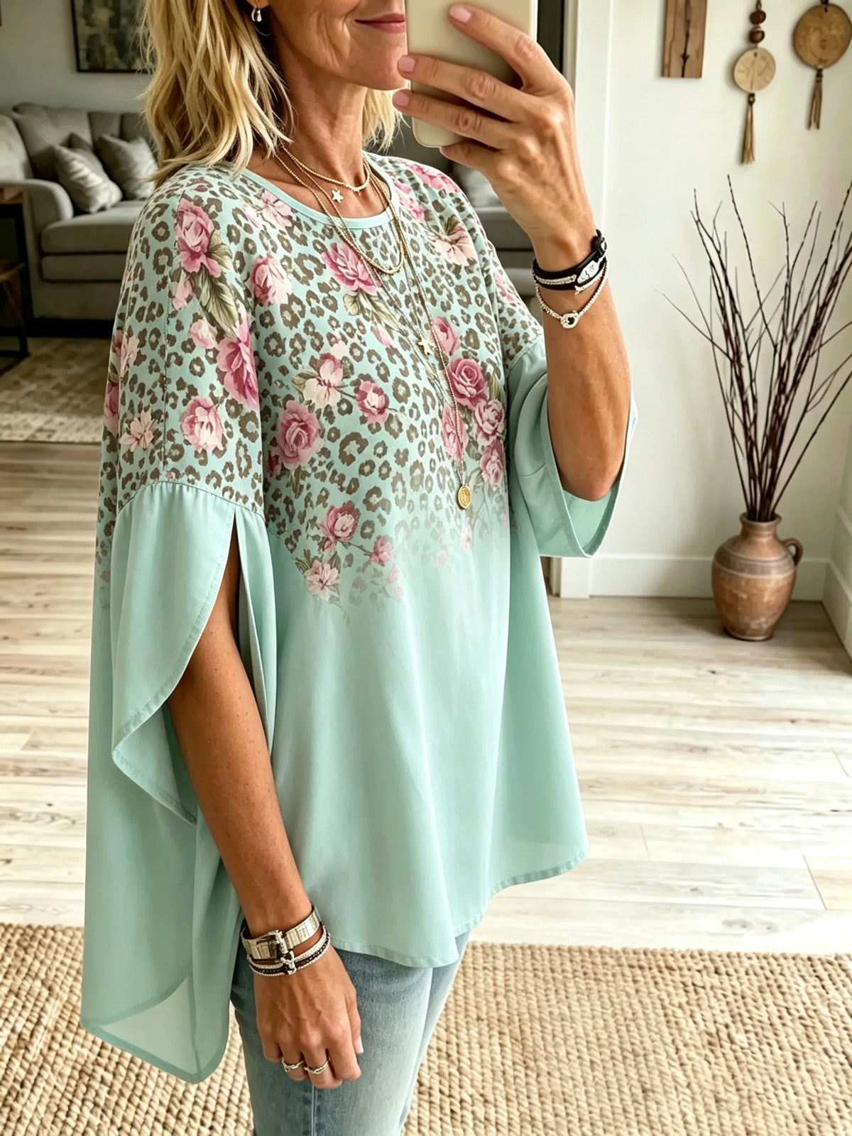 Women's Leopard Rose Floral Gradient Wide Sleeve Top
