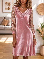 Vintage Elegant Cowl Neck Shiny Art Casual Stylish Long Sleeve Dress