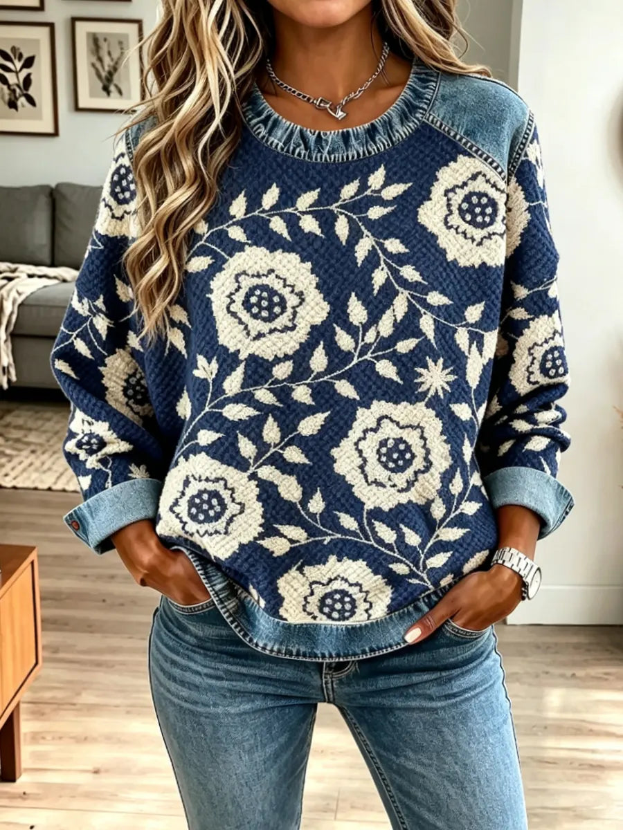 Vintage Floral Pattern Art Denim Patchwork Casual Stylish Long Sleeve Knitted Top