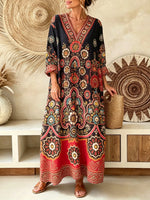 Women's Black Base Large Floral Ethnic V-Neck Loose Three-Quarter Sleeve Maxi Dress