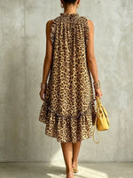 Retro Leopard Pattern Art Casual Ruffle Stylish Cotton Linen Dress