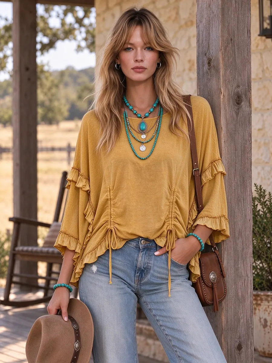 Women's Boho Round Neck Adjustable Drawstring Waist Blouse