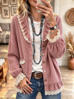 Women's Lace Ruffle Trim Button Down Long Sleeve Loose Knit Cardigan