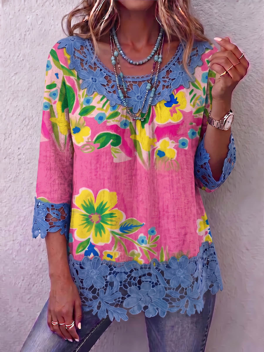 Vintage Elegant Pattern Print Patchwork Hollowed Out Lace Shirt