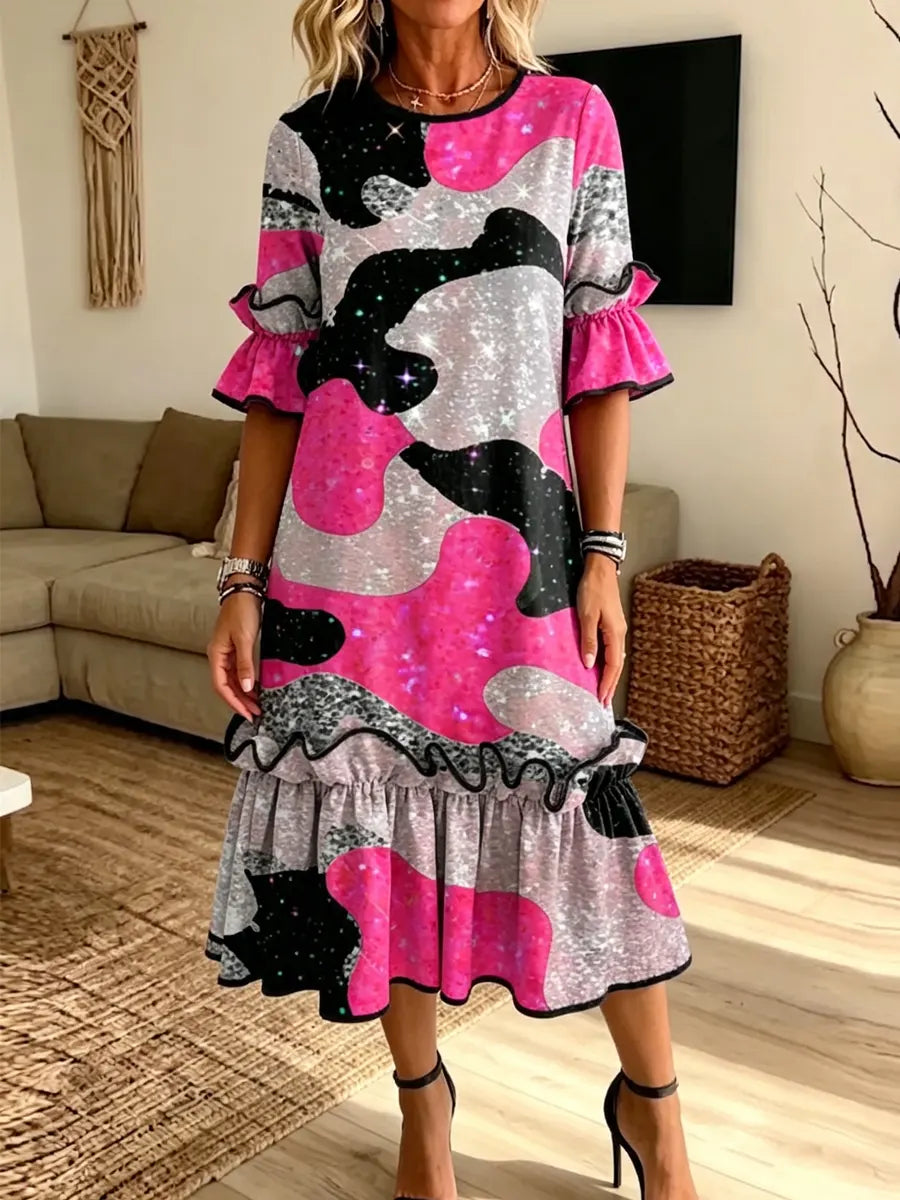 Retro Shiny Pink Patchwork Pattern Art Print Casual Ruffle Stylish Cotton Linen Dress