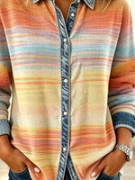 Retro Gradient Knitted Denim Art Patchwork Casual Stylish Long Sleeve Shirt