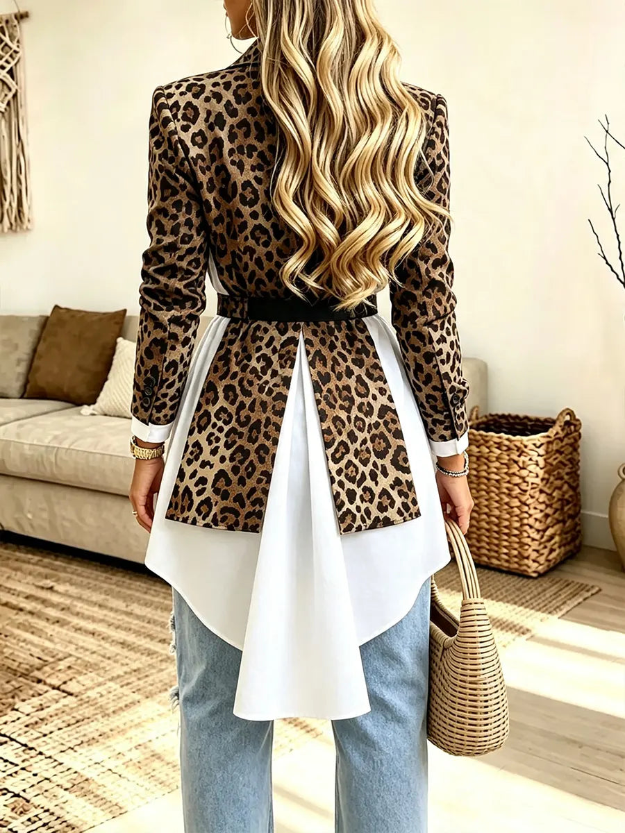 Women’s Leopard Print Patchwork Faux Two-Piece Blazer