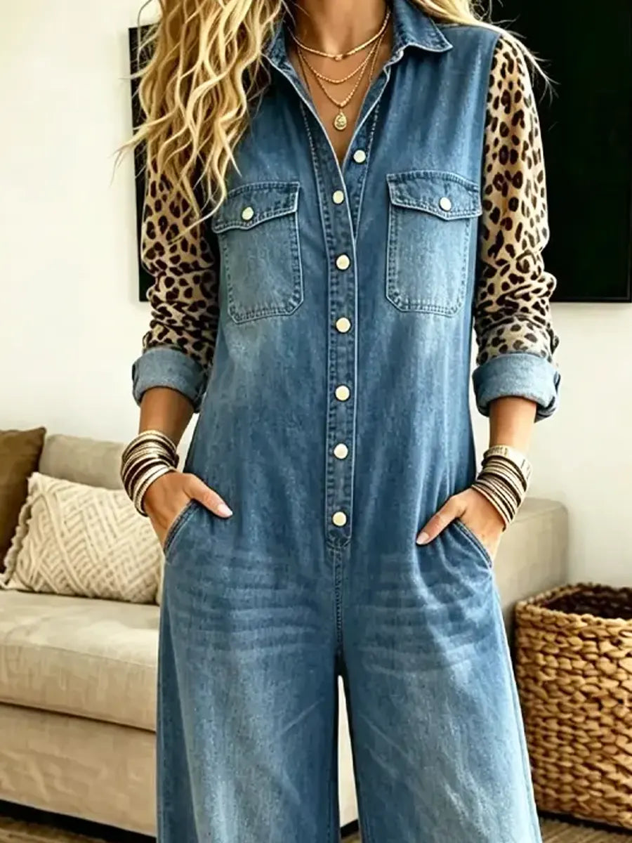Retro Leopard Pattern Patchwork Art Stylish Lapel Long Sleeve Denim Jumpsuit