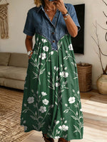 Vintage Floral Pattern Art Print Casual Stylish Lapel Denim Patchwork Dress