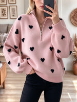 Retro Love Pattern Zip Stand Collar Art Casual Stylish Long Sleeve Sweater