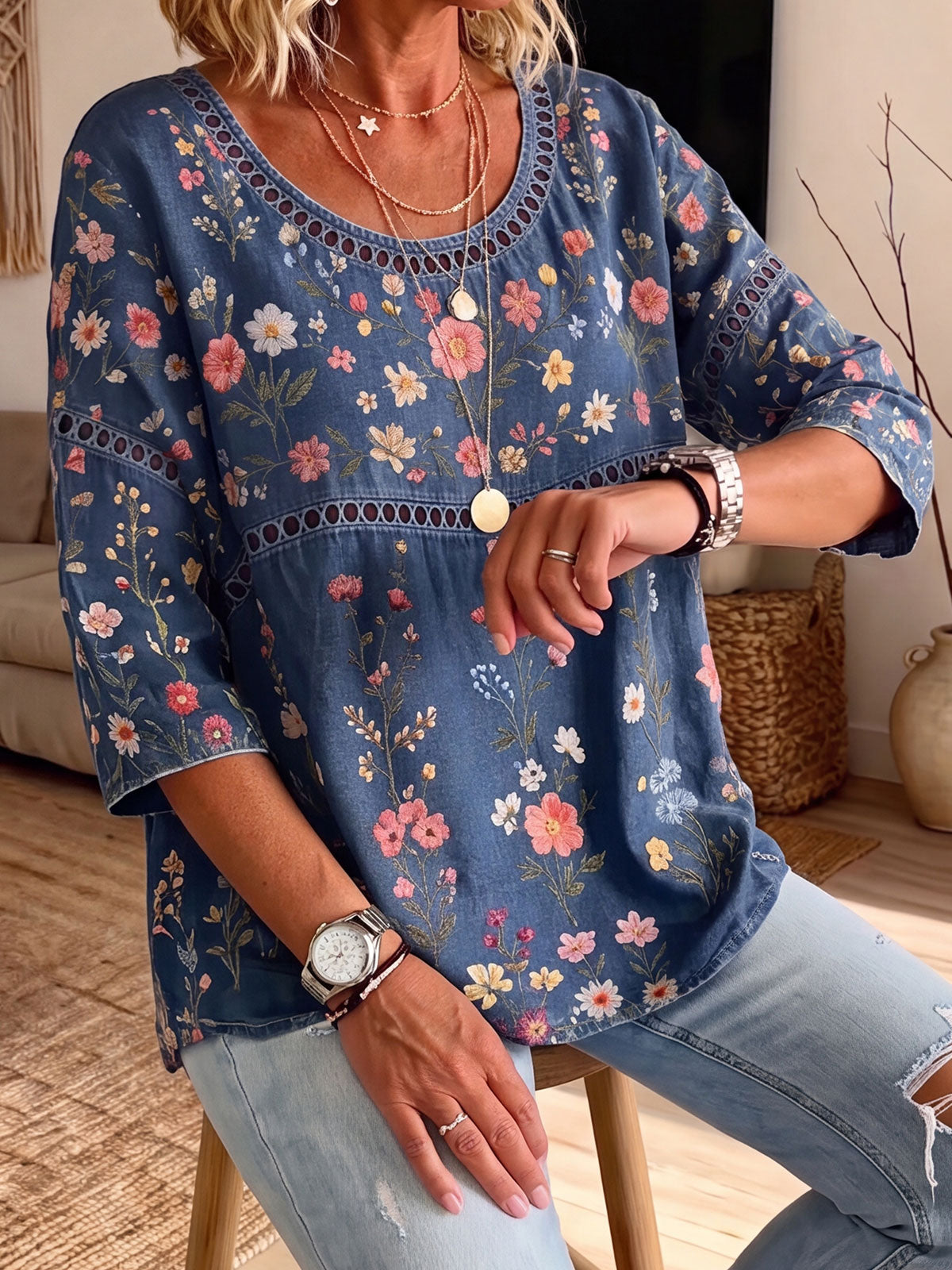 Women's Hollow Lace Spliced Multicolor Floral 3/4 Sleeve Denim Blouse