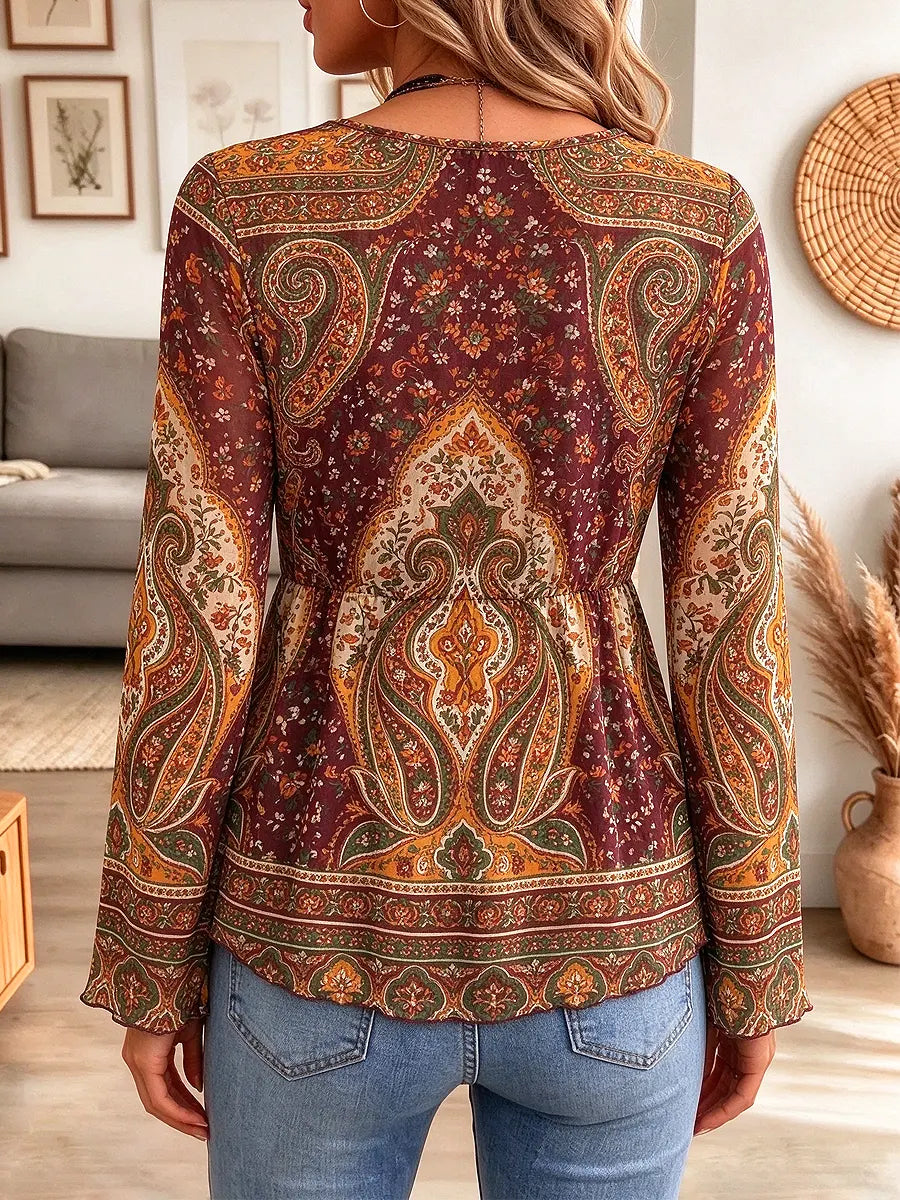 Retro Ethnic Floral Pattern Art Print Casual Stylish Long Sleeve Mesh V Collar Shirt
