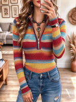 Retro Color Block Zip Stand Collar Art Casual Stylish Long Sleeve Sweater