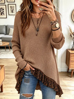 Vintage Chic Leopard Patchwork Round Collar Knitted Art Casual Stylish Long Sleeve Sweater