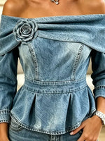 Retro Floral Off‑the‑shoulder Art Casual Stylish Long Sleeve Denim Shirt