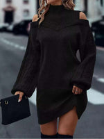 Mock Neck Cold Shoulder Cable Knit Sweater Dress Long Sleeve Mini Dress