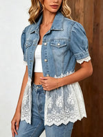 Retro Floral Lace Patchwork Casual Stylish Short Sleeve Denim Lapel Coat