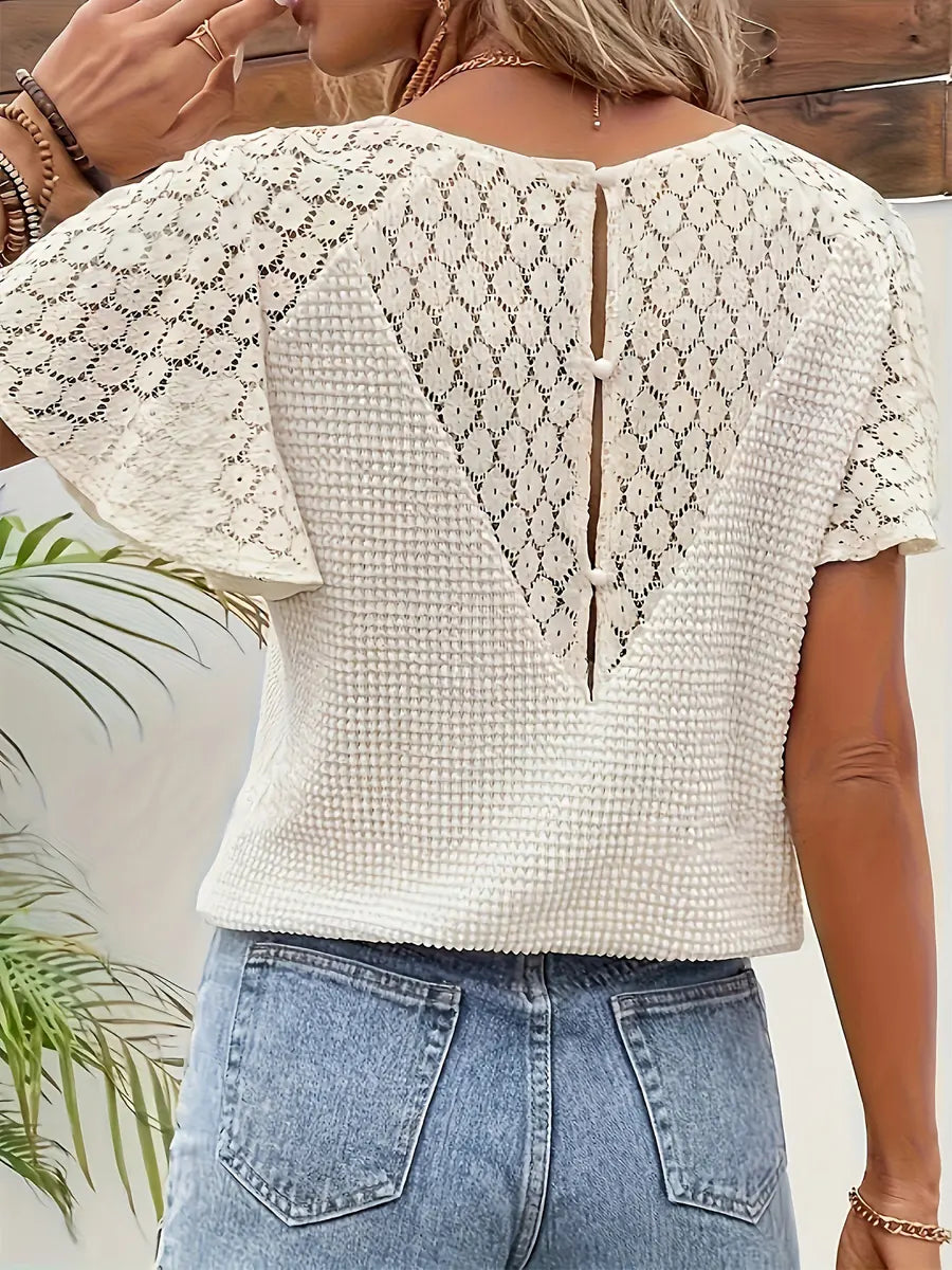 Retro Floral Lace Hollow V Collar Art Casual Stylish Short Sleeve Shirt