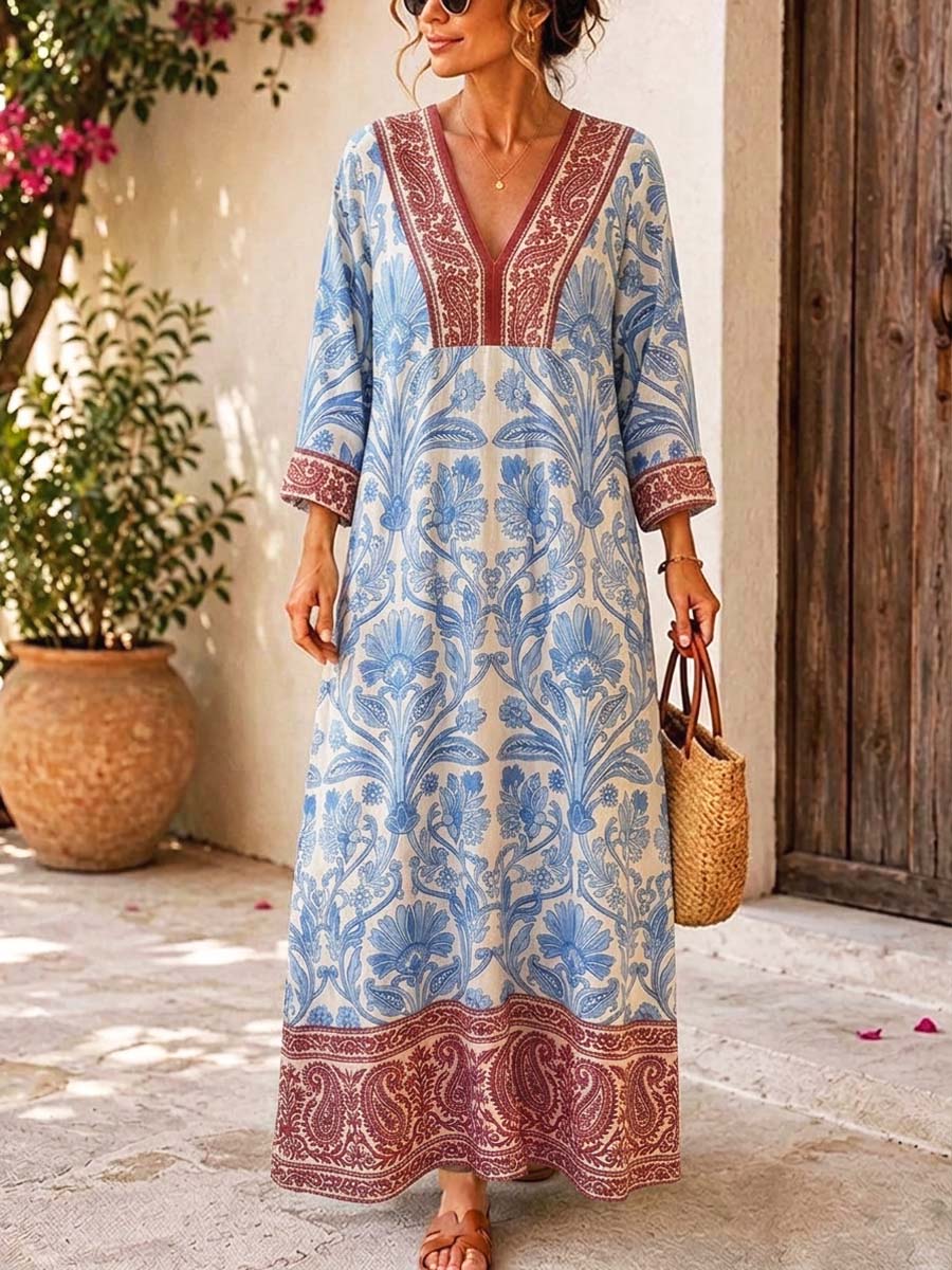 Retro Floral Pattern Art Print Casual V-neck Cotton Linen Maxi Dress