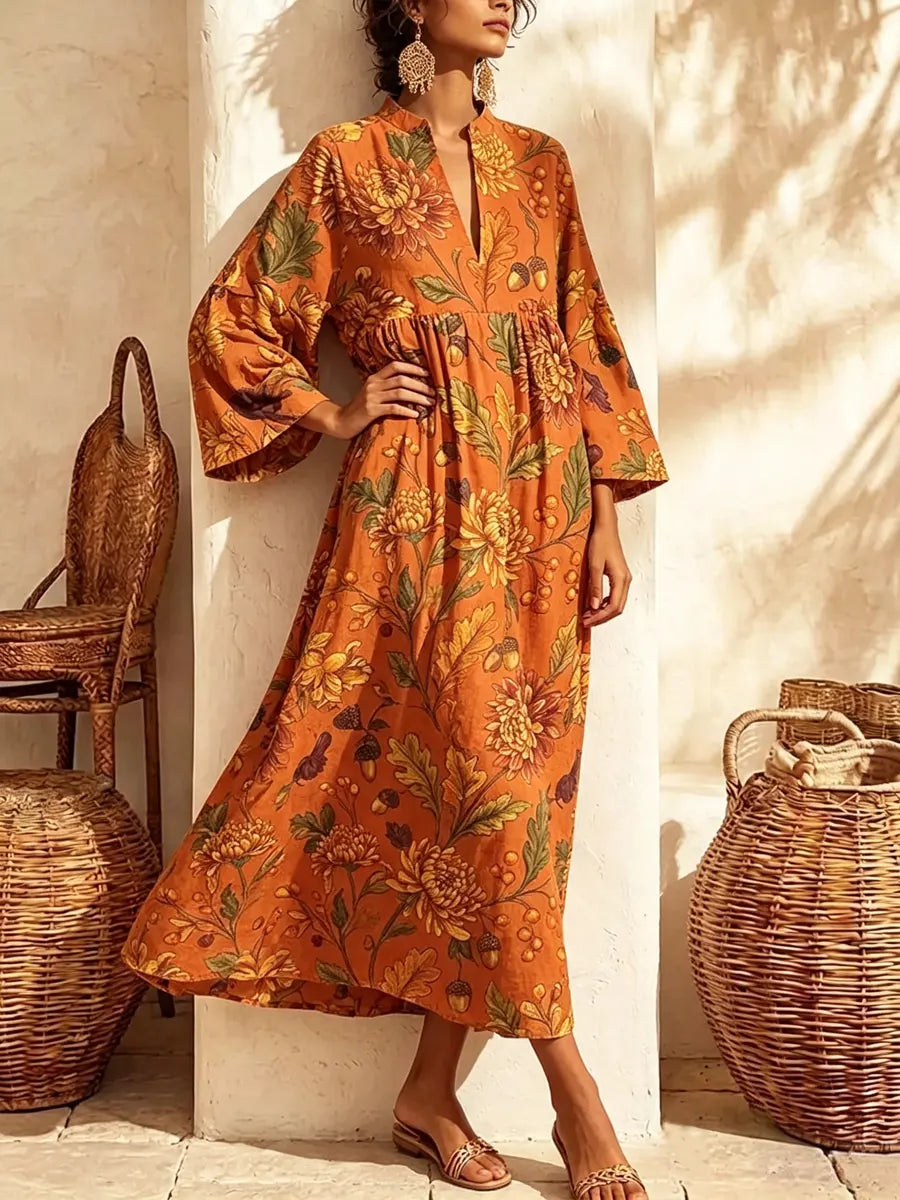 Retro Floral Pattern Art Print Casual V-neck Cotton Linen Maxi Dress