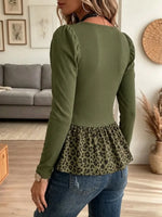 Vintage Elegant Leopard-print Patchwork Square Neck Puff Sleeves Tunic Top