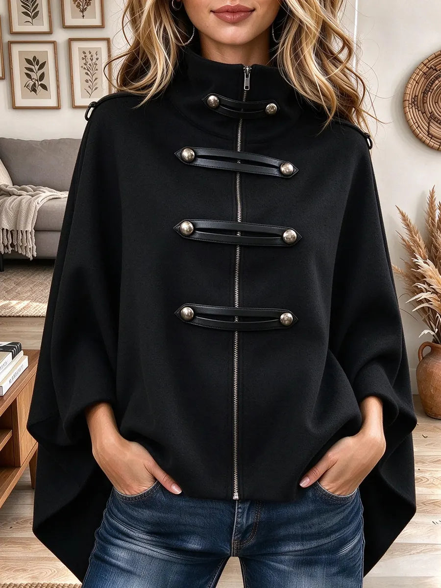 Women's Stand Collar Zip Up Cape Coat