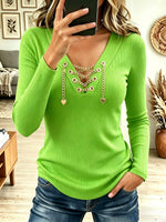 Women's V Neck Gold Chain Lace Up Ribbed Knit Top, Heart Charm Slim Fit Blouse