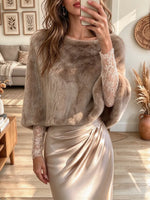 Women's Faux Fur Boat Neck Short Fuzzy Fur Cover Up Elegant Evening Wrap