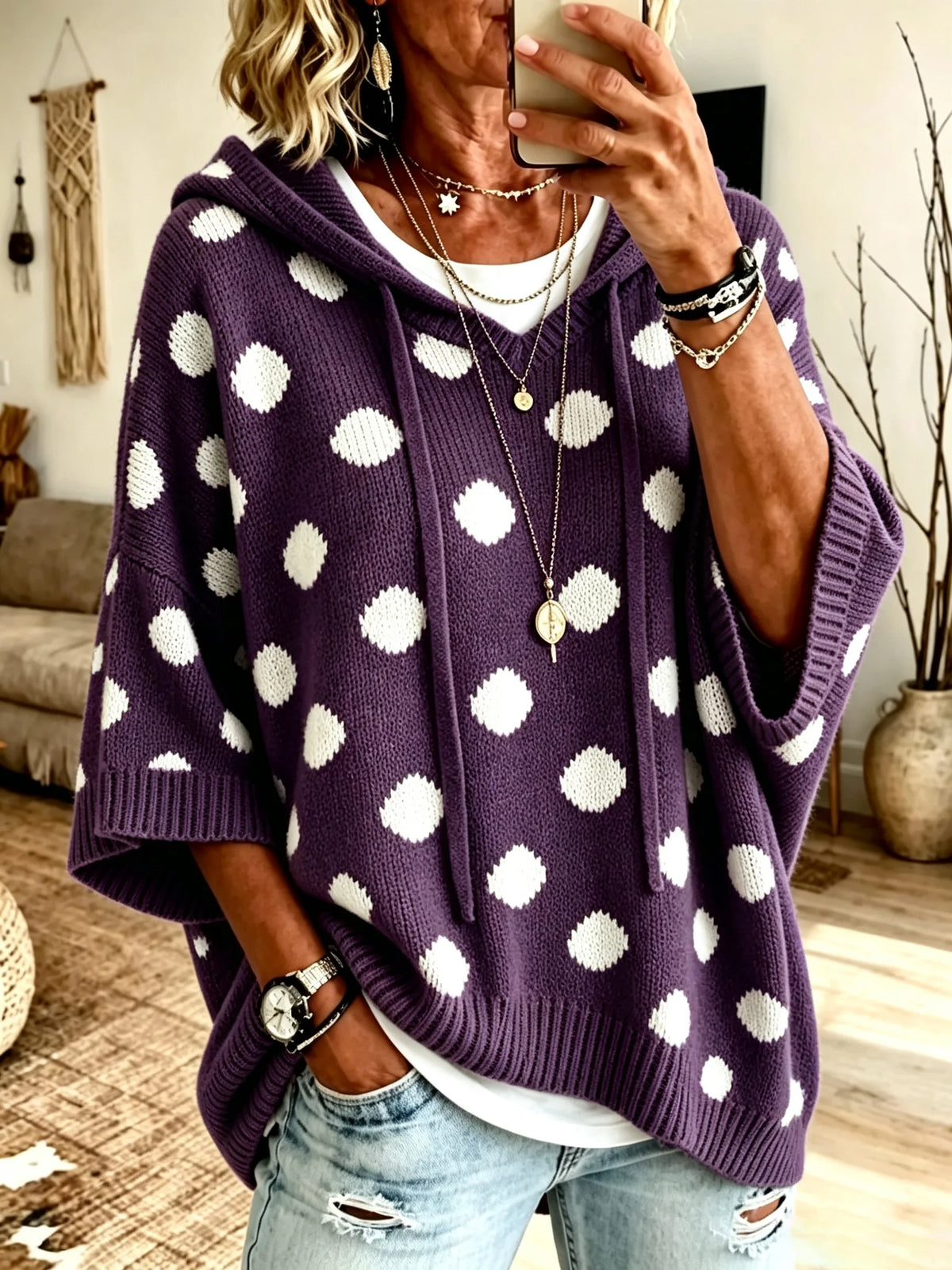 Women White Polka Dot Print Hooded Short Sleeve Knit Top