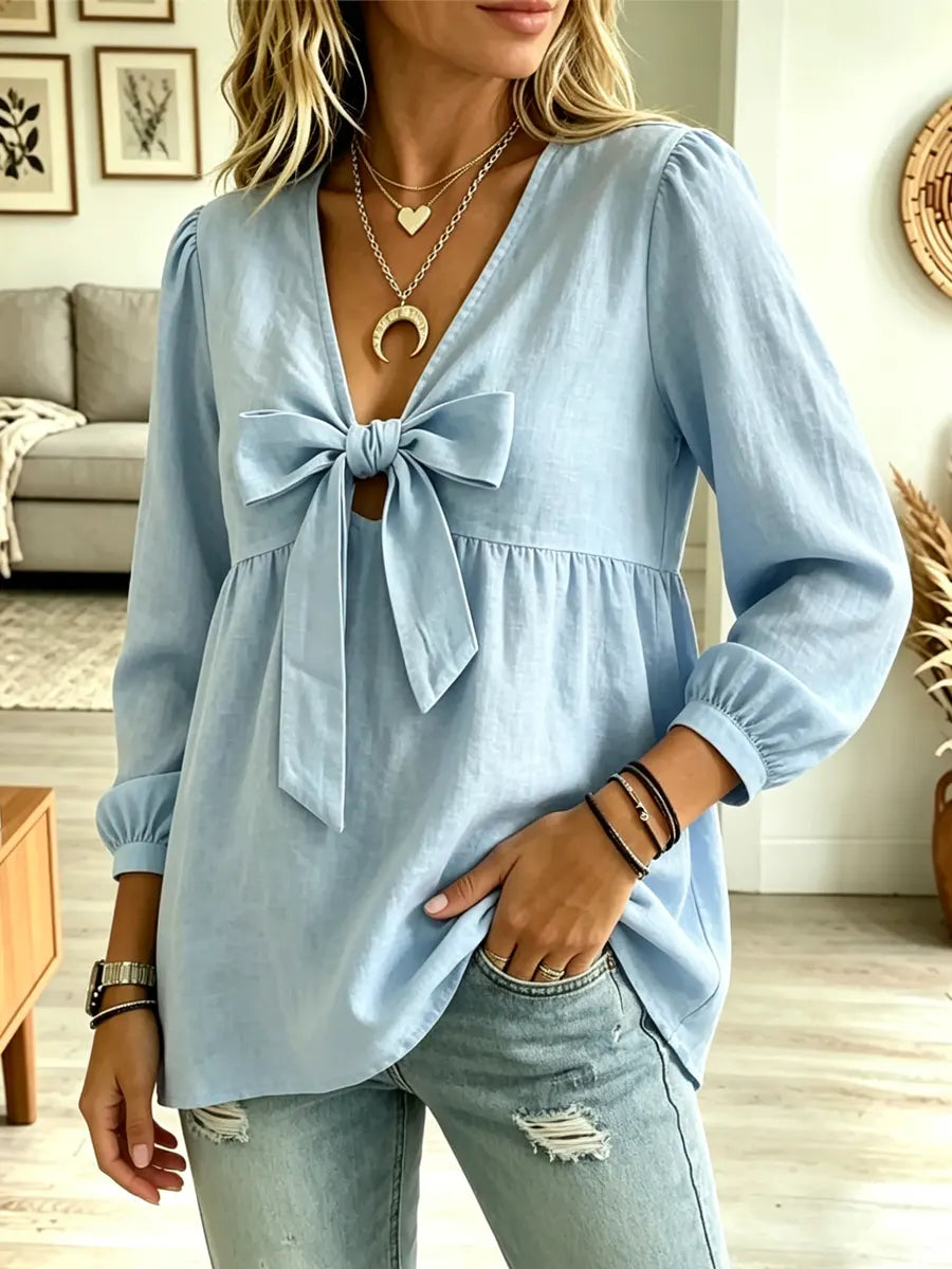 Retro Solid Color Bow Knot Art Casual Long Sleeve Cotton Shirt