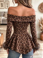 Women's Off Shoulder Leopard Print Peplum Button Slim Coat Top